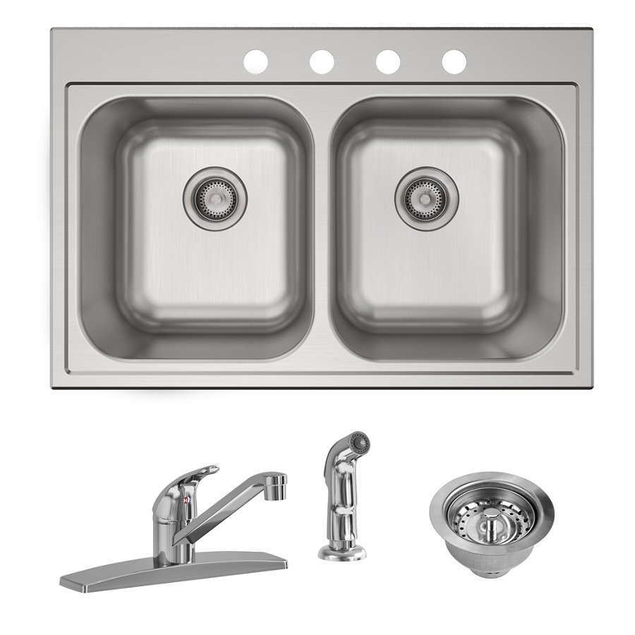 Parkway™ 33" x 22" x 9" Stainless Steel 4-Hole Double Bowl Drop-in Sink Kit