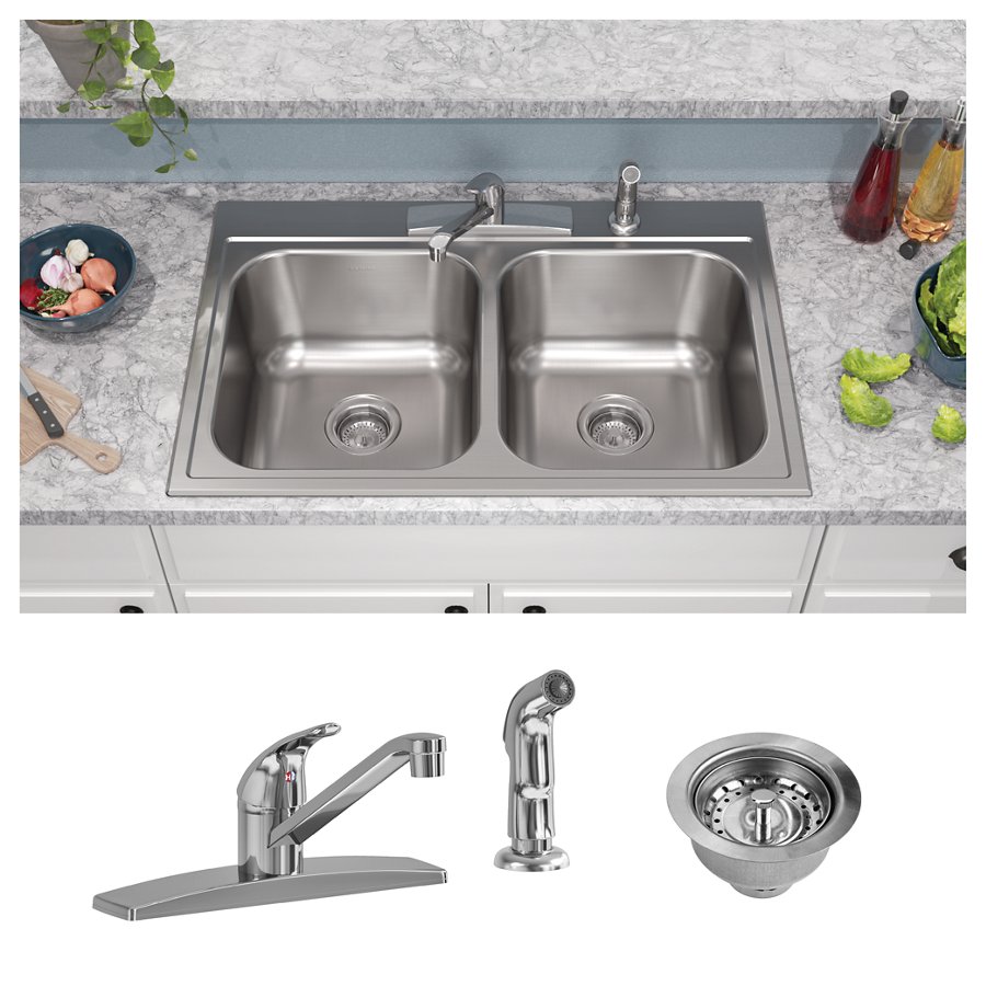Parkway™ 33" x 22" x 9" Stainless Steel 4-Hole Double Bowl Drop-in Sink Kit