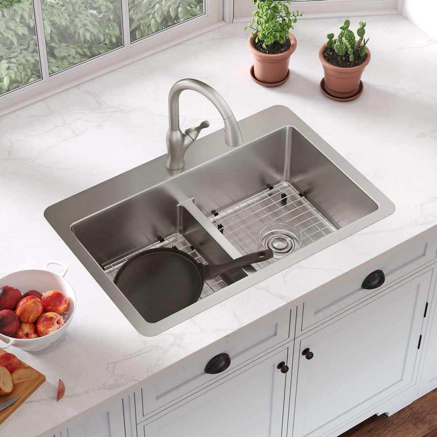 Avenue™ Stainless Steel 33" x 22" x 9" 1-Hole Double Bowl Dual Mount Sink with Aqua Divide