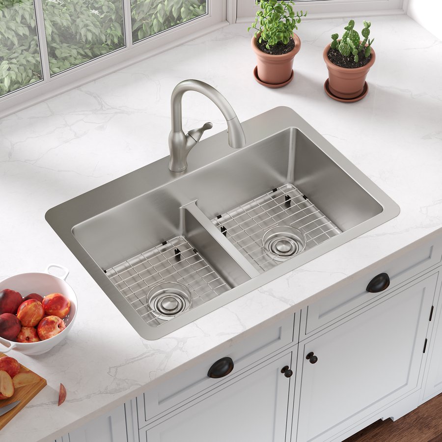 Avenue™ Stainless Steel 33" x 22" x 9" 1-Hole Double Bowl Dual Mount Sink with Aqua Divide