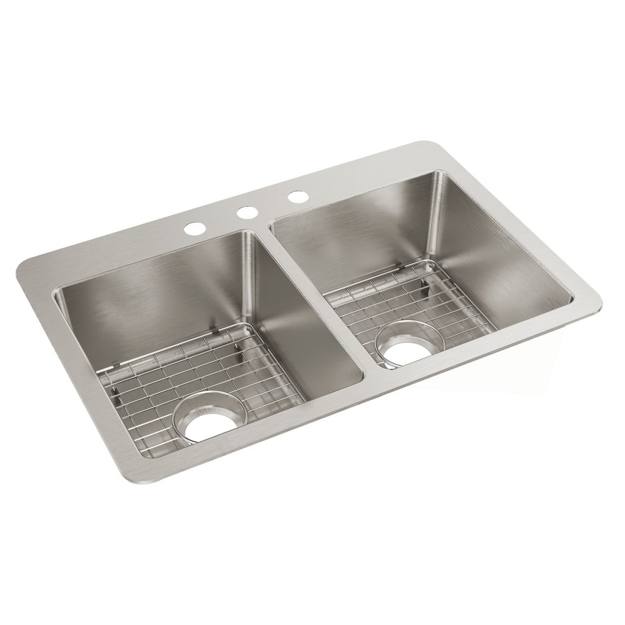 Avenue™ Stainless Steel 33" x 22" x 9" 3-Hole Double Bowl Dual Mount Sink