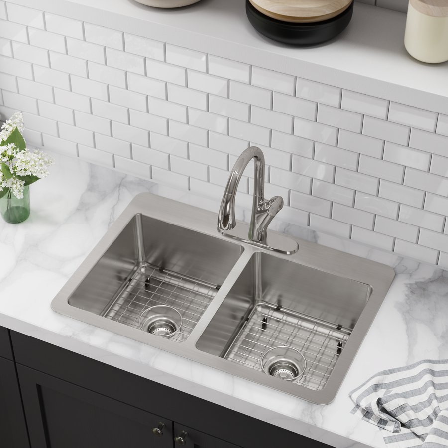 Avenue™ Stainless Steel 33" x 22" x 9" 3-Hole Double Bowl Dual Mount Sink
