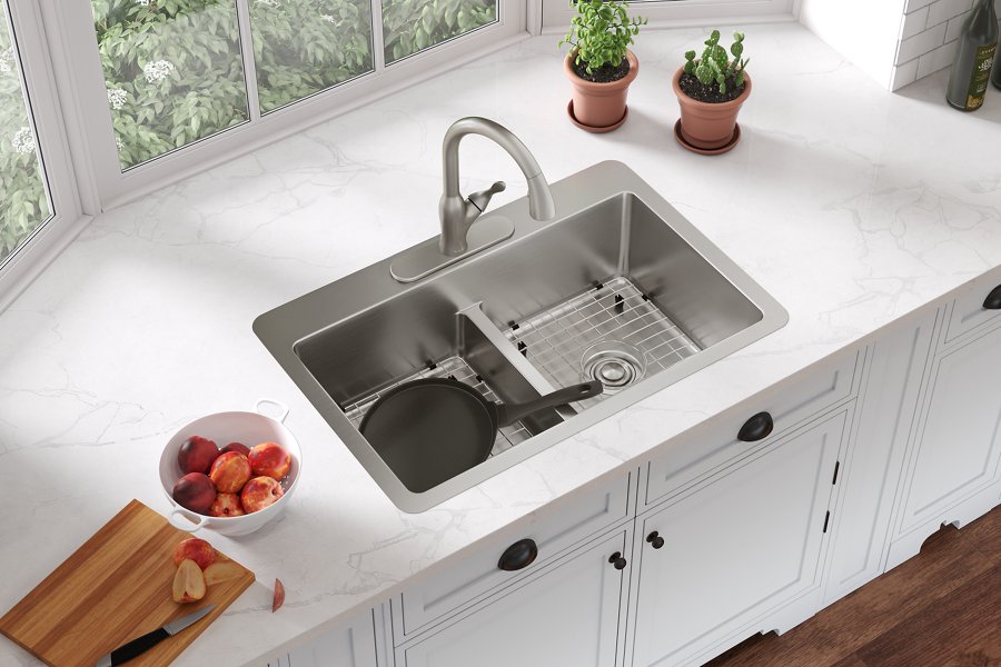 Avenue™ Stainless Steel 33" x 22" x 9" 3-Hole Double Bowl Dual Mount Sink with Aqua Divide
