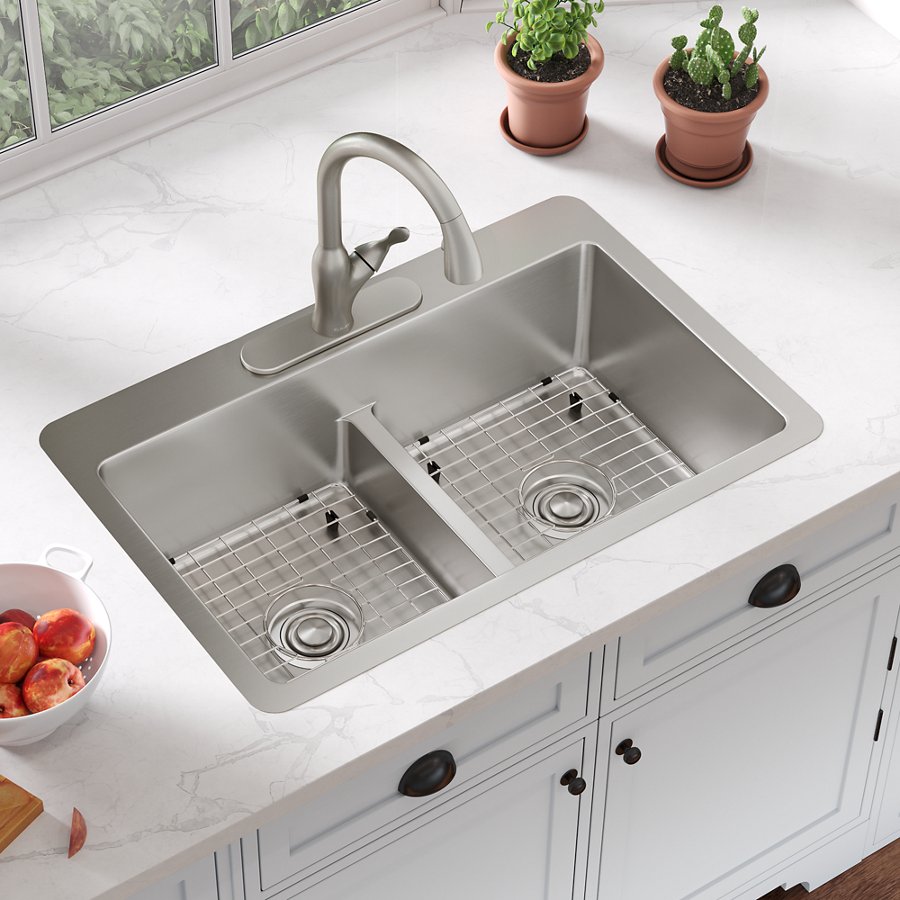 Avenue™ Stainless Steel 33" x 22" x 9" 3-Hole Double Bowl Dual Mount Sink with Aqua Divide