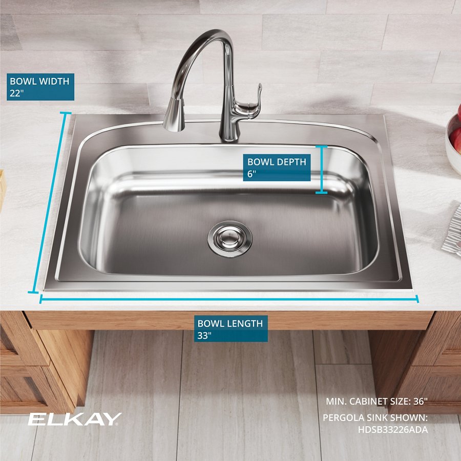 Pergola™ Stainless Steel 33" x 22" x 6" 1-Hole Single Bowl Drop-in ADA Sink