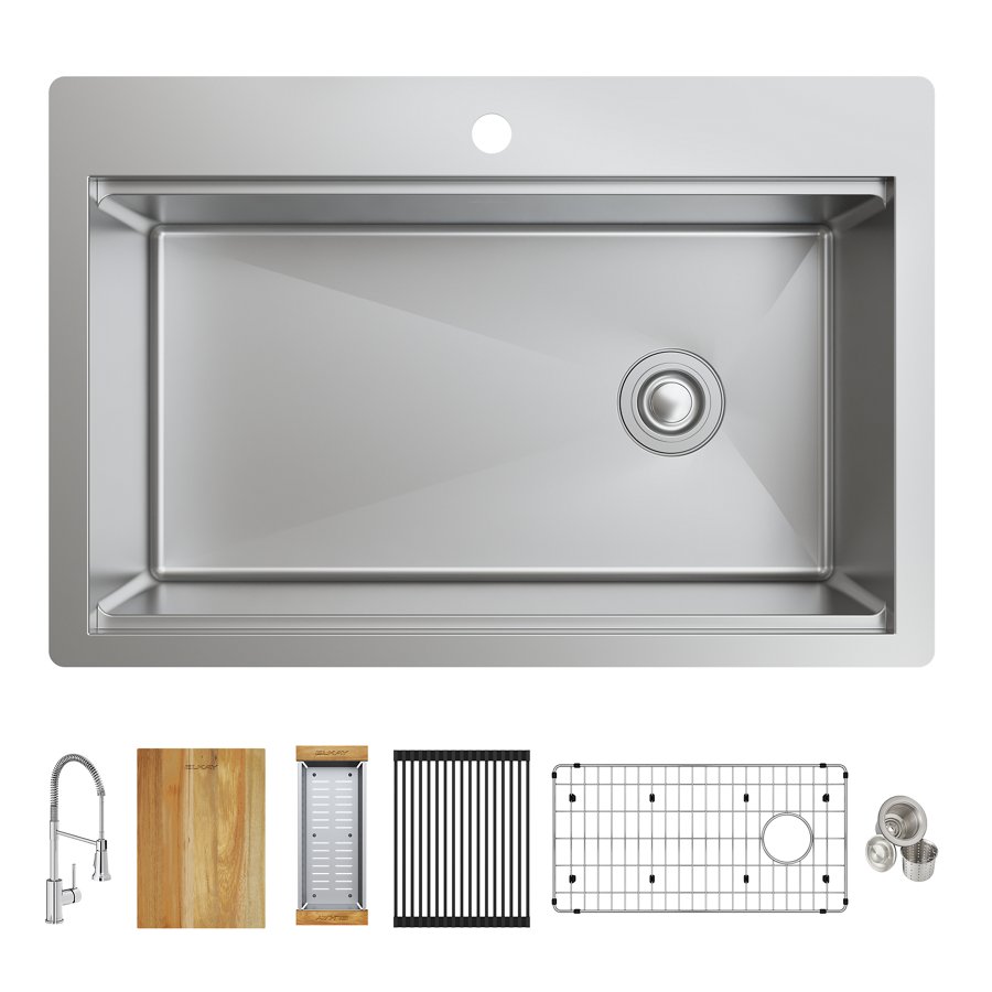 Crosstown® Workstation Stainless Steel 33" x 22" x 9" 1-Hole Single Bowl Dual Mount Sink Kit