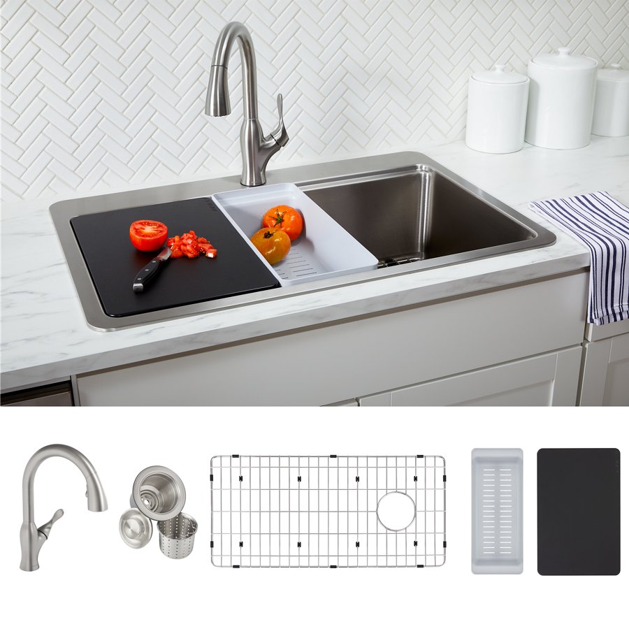 Avenue™ Workstation Stainless Steel 33" x 22" x 9" 1-Hole Single Bowl Dual Mount Sink Kit with Faucet