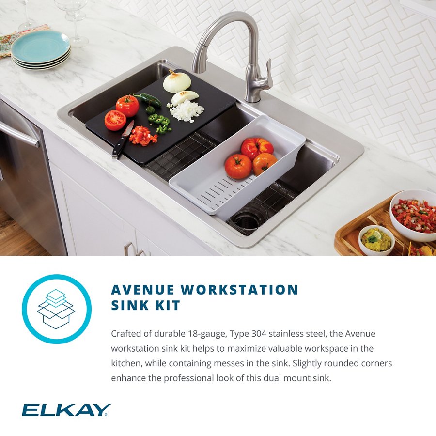 Avenue™ Workstation Stainless Steel 33" x 22" x 9" 1-Hole Single Bowl Dual Mount Sink Kit with Faucet