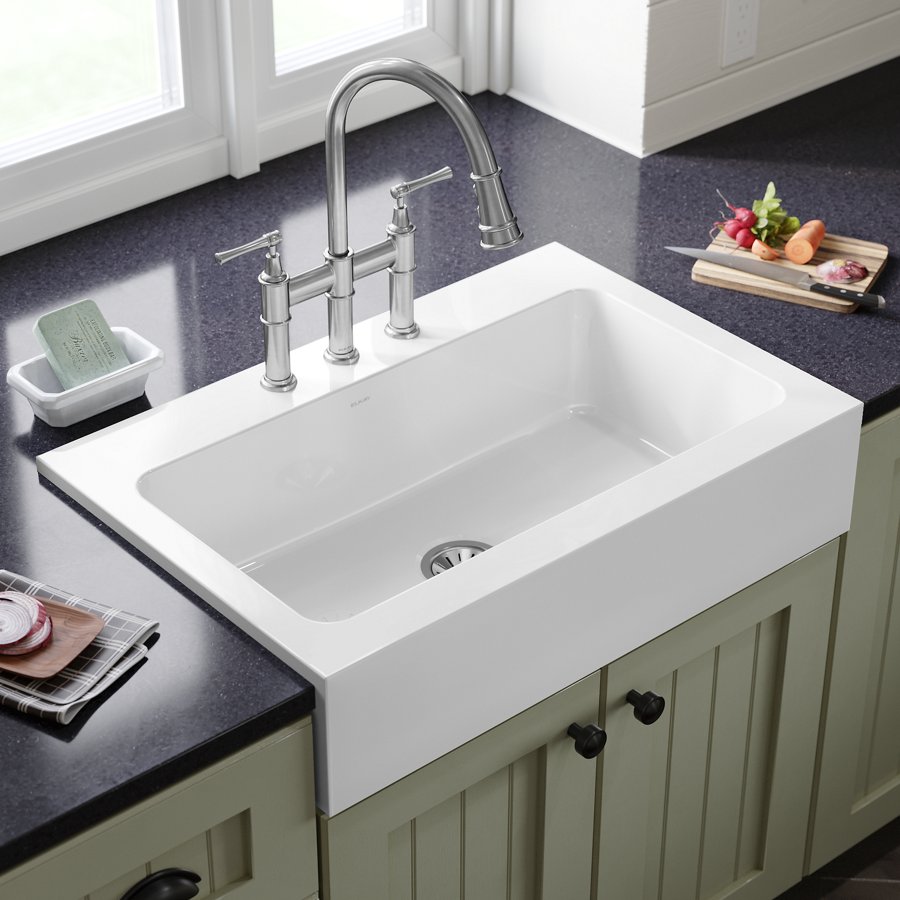 Burnham™ Fireclay 34" x 22-1/2" x 8-1/2" 3-Hole Single Bowl Drop-In Farmhouse Sink White