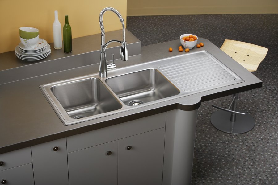 Lustertone® Classic Stainless Steel 54" x 22" x 10" Offset 60/40 Double Bowl Drop-in Sink w/Drainboard