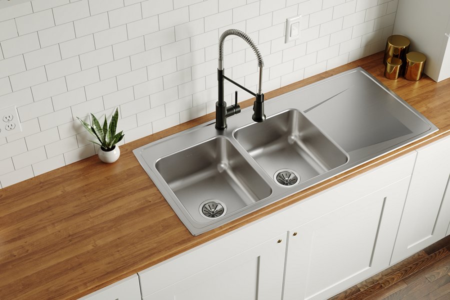 Lustertone® Classic Stainless Steel 48" x 22" x 7-5/8" Equal Double Bowl Drop-in Sink w/Left Drainboard