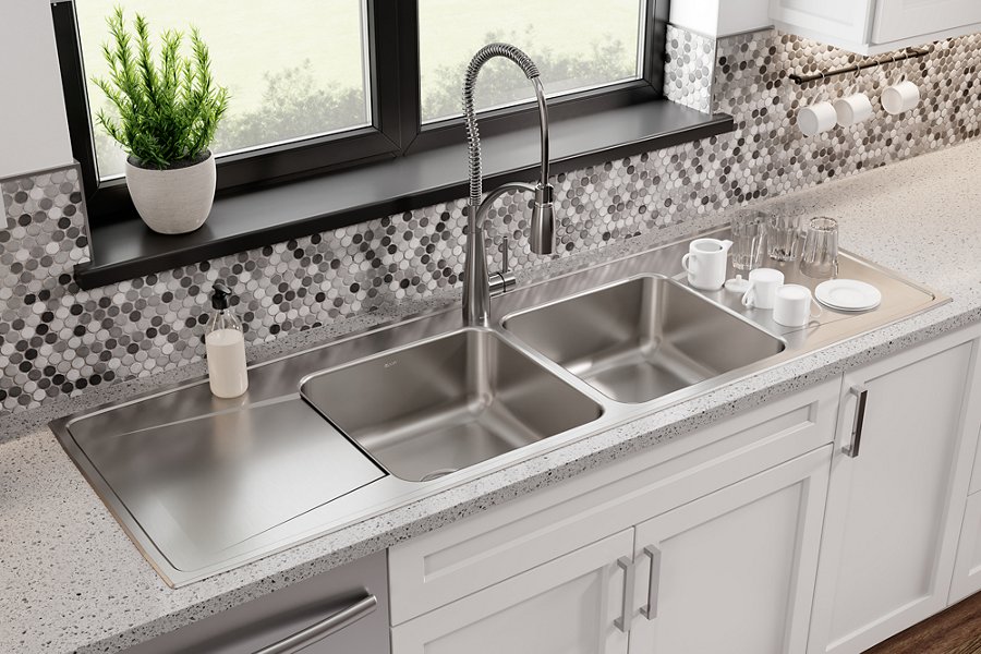 Lustertone® Classic Stainless Steel 66" x 22" x 7-5/8" Equal Double Bowl Drop-in Sink w/Drainboard