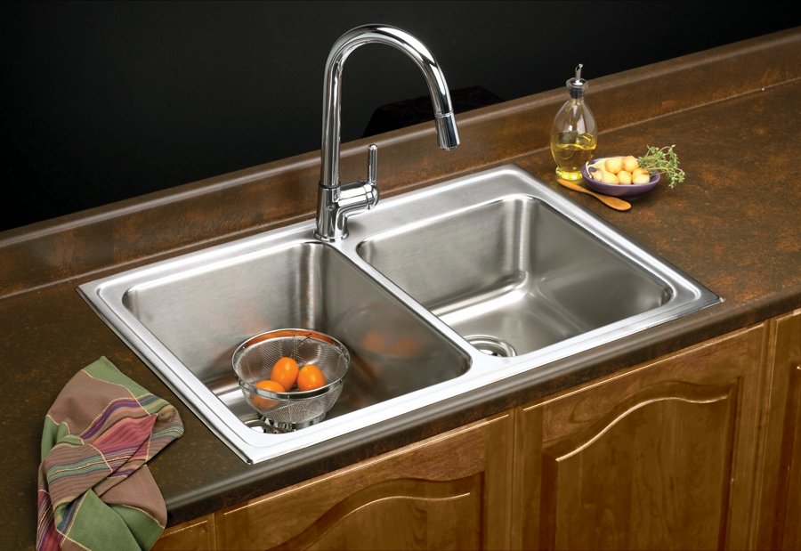 Lustertone® Classic Stainless Steel 33" x 22" x 10" Offset Double Bowl Drop-in Sink