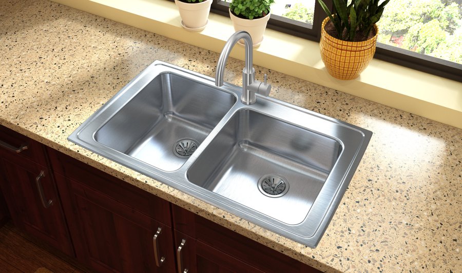 Lustertone® Classic Stainless Steel 37" x 22" x 10" Offset Double Bowl Drop-in Sink