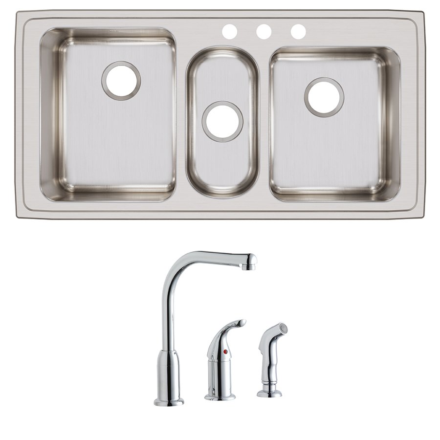Lustertone® Classic Stainless Steel 43" x 22" x 10" Triple Bowl Drop-in Sink + Faucet Kit