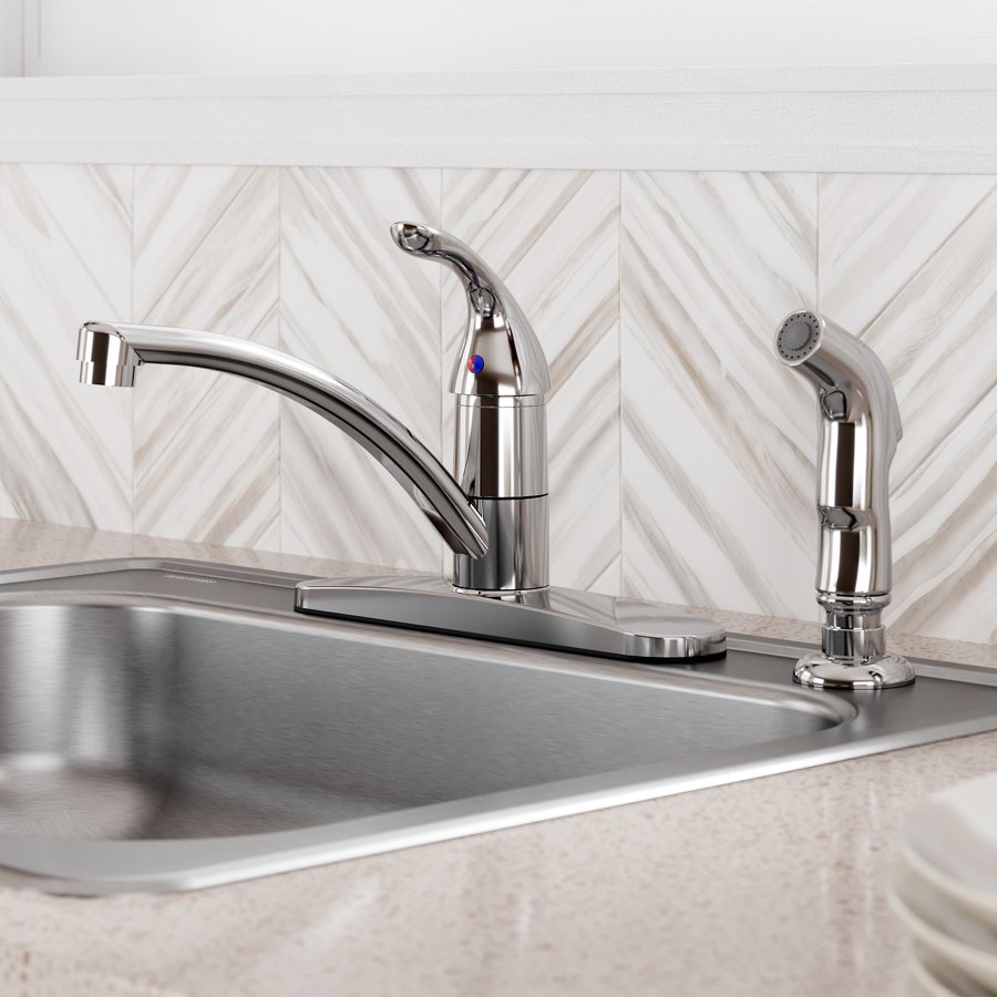 Everyday Four Hole Deck Mount Kitchen Faucet with Lever Handle and Side Spray and Deck Plate/Escutcheon Chrome