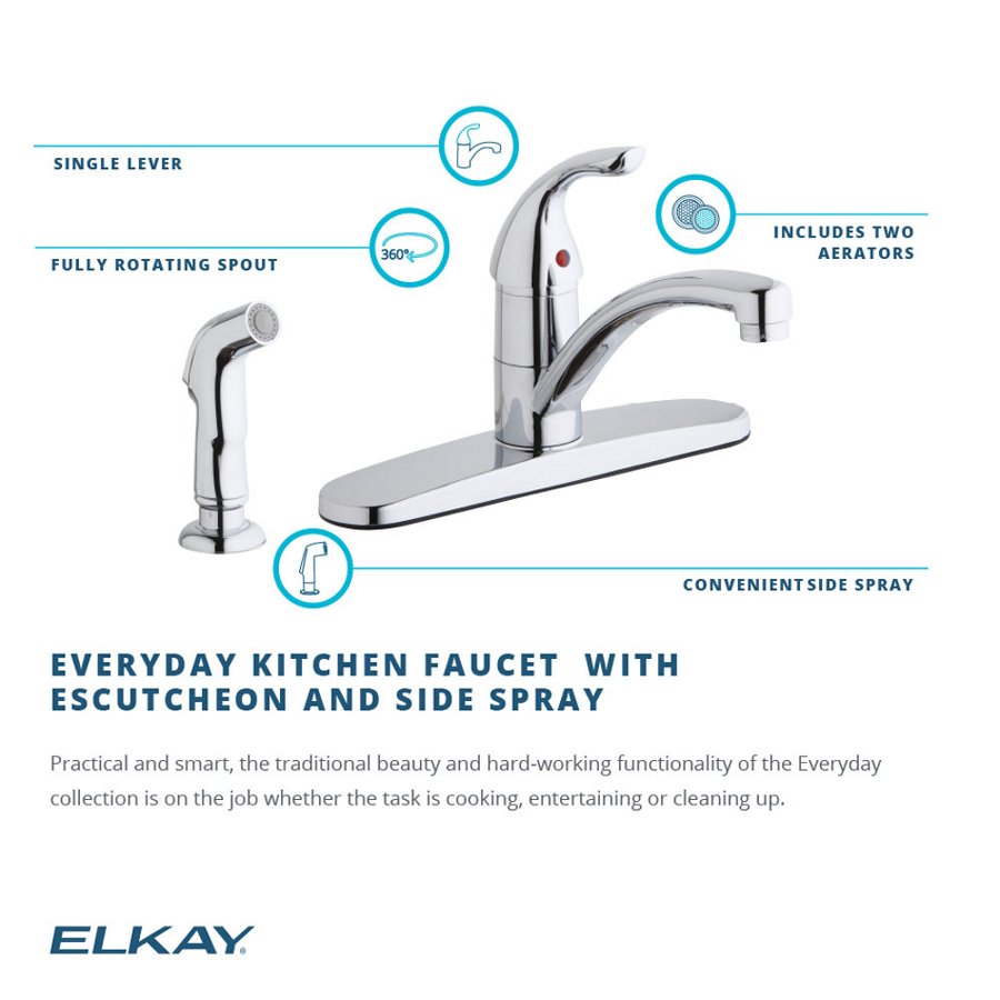 Everyday Four Hole Deck Mount Kitchen Faucet with Lever Handle and Side Spray and Deck Plate/Escutcheon Chrome