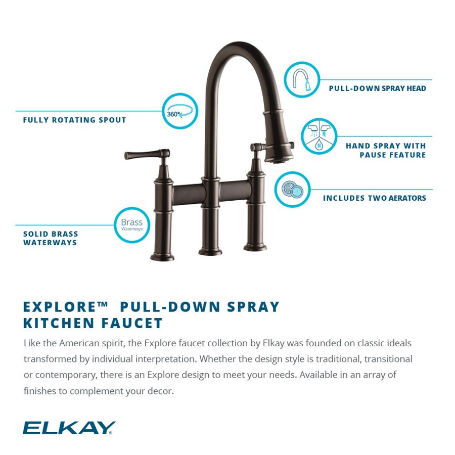 Explore™ Three Hole Bridge Faucet with Pull-down Spray and Lever Handles