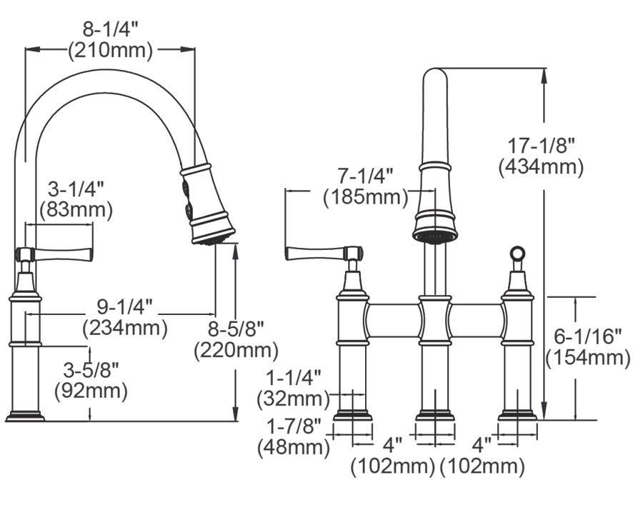 Explore™ Three Hole Bridge Faucet with Pull-down Spray and Lever Handles