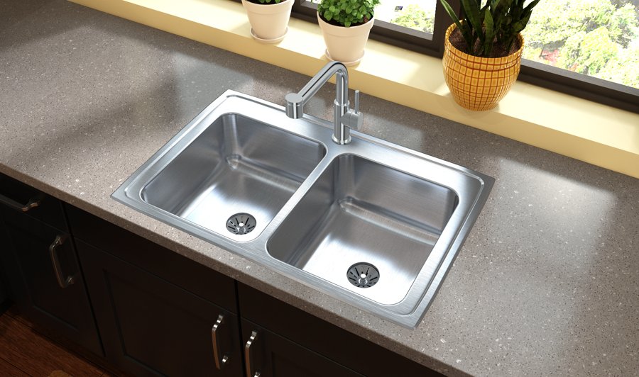 Lustertone® Classic Stainless Steel 33" x 21-1/4" x 7-7/8" Equal Double Bowl Drop-in Sink with Perfect Drain®