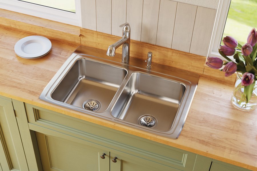 Lustertone® Classic Stainless Steel 33" x 22" x 8-1/8" Equal Double Bowl Drop-in Sink