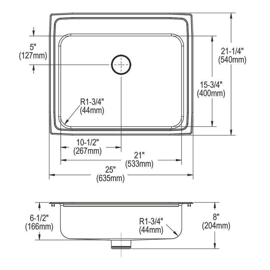 Lustertone® Classic Stainless Steel 25" x 21-1/4" x 6-1/2" Single Bowl Drop-in ADA Sink w/Perfect Drain® and Quick-clip