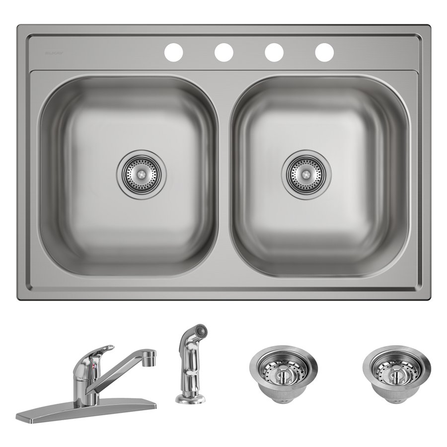 Dayton® 22 Gauge Stainless Steel 33" x 22" x 7" 4-Hole Double Bowl Drop-in Kitchen Sink Kit