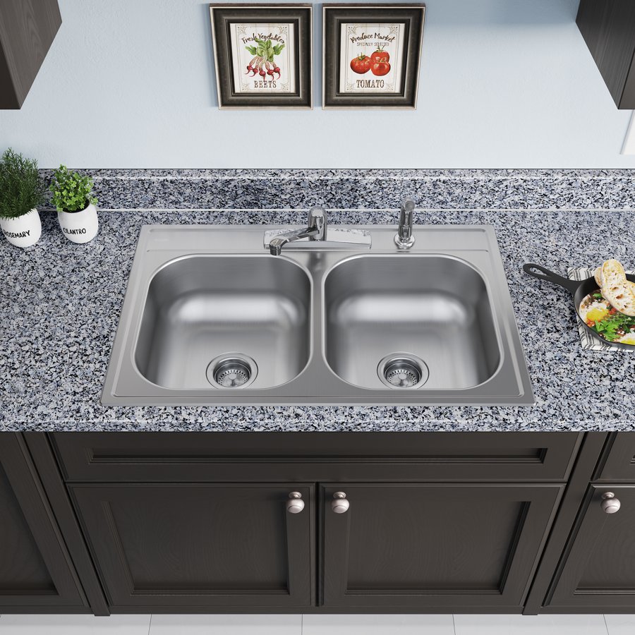 Dayton® 22 Gauge Stainless Steel 33" x 22" x 7" 4-Hole Double Bowl Drop-in Kitchen Sink Kit