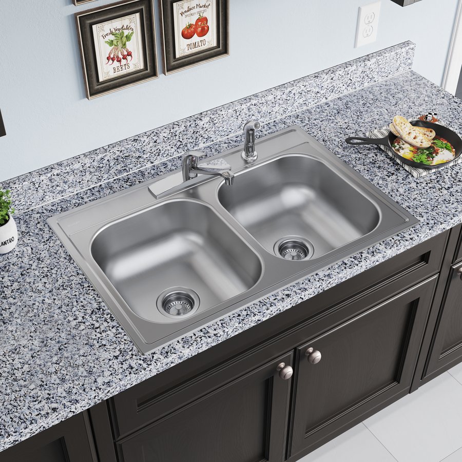 Dayton® 22 Gauge Stainless Steel 33" x 22" x 7" 4-Hole Double Bowl Drop-in Kitchen Sink Kit