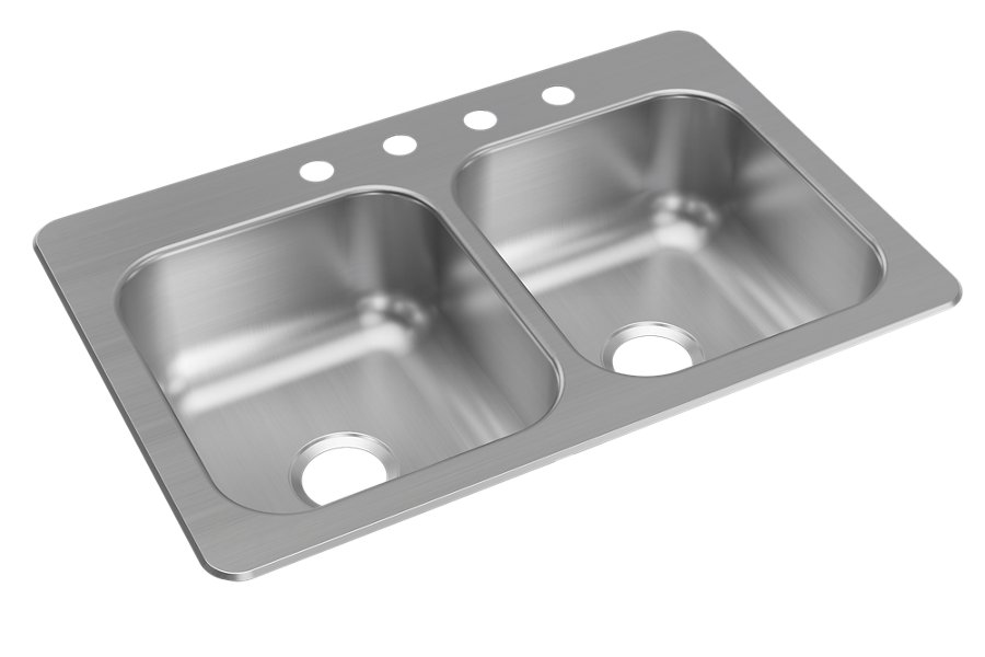 20 Gauge Stainless Steel 33" x 22" x 8" 4-Hole Double Bowl Dual Mount Kitchen Sink