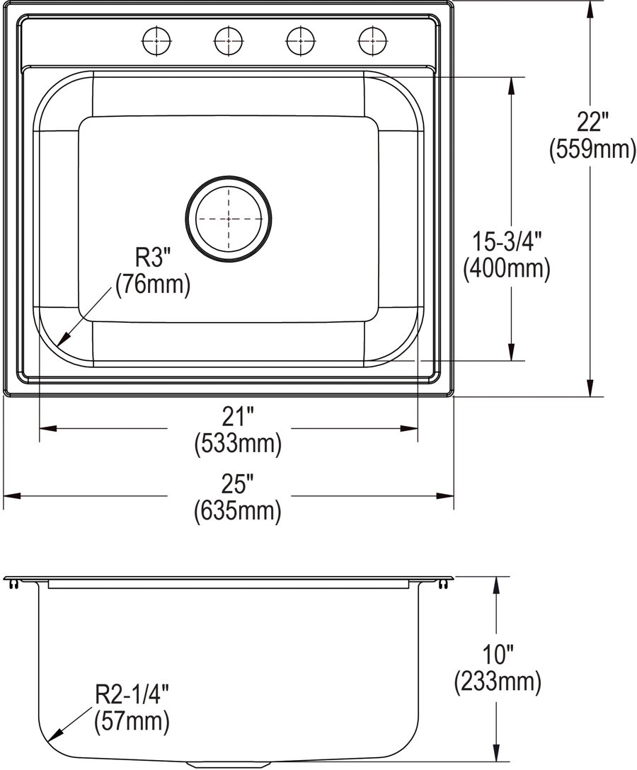 20 Gauge Stainless Steel 25" x 22" x 10" 4-Hole Single Bowl Drop-in Kitchen Sink