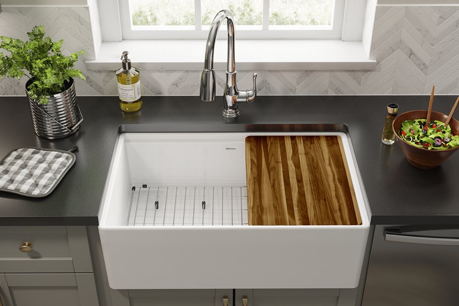 Fireclay 30" x 18-13/16" x 9-5/8" Single Bowl Farmhouse Sink Kit