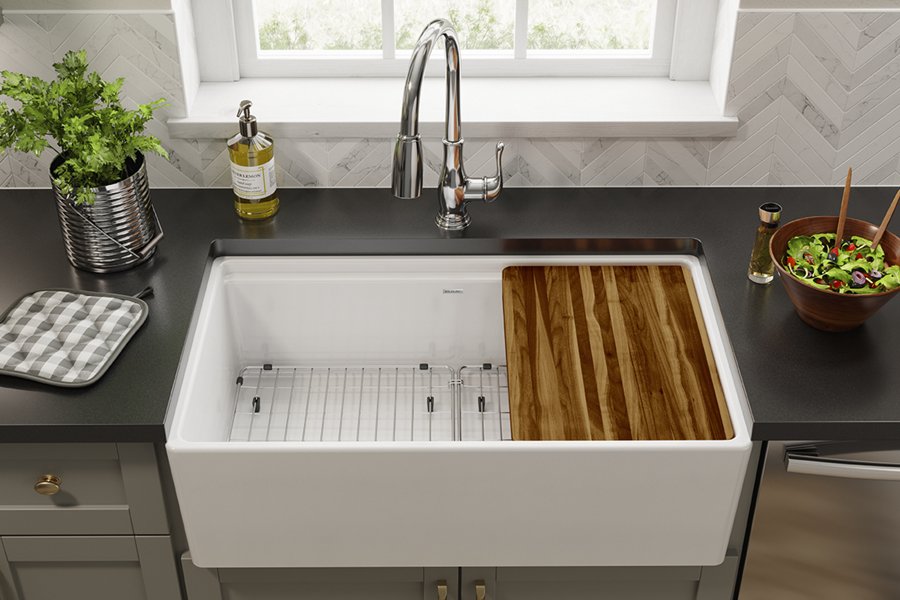 Fireclay 33" x 18-13/16" x 9-5/8" Single Bowl Farmhouse Sink Kit