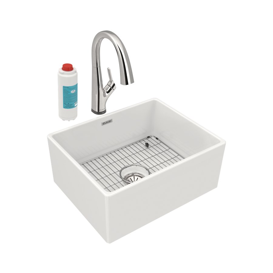 Fireclay 24-7/16" x 19-11/16" x 9-1/8" Single Bowl Farmhouse Sink Kit with Filtered Faucet White