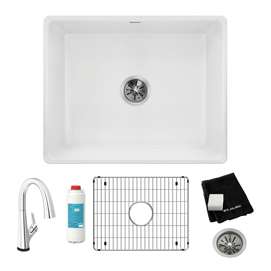 Fireclay 24-7/16" x 19-11/16" x 9-1/8" Single Bowl Farmhouse Sink Kit with Filtered Faucet White