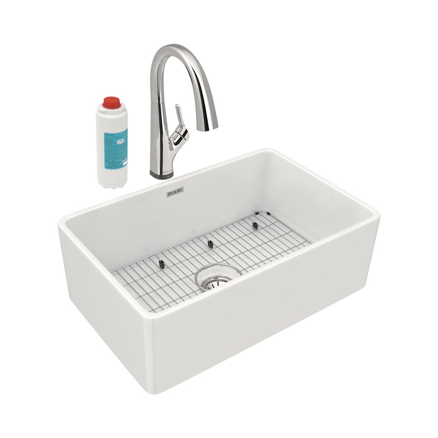 Fireclay 30" x 19-15/16" x 9-1/8" Single Bowl Farmhouse Sink Kit with Filtered Faucet
