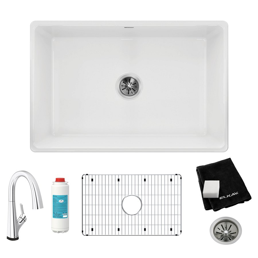 Fireclay 30" x 19-15/16" x 9-1/8" Single Bowl Farmhouse Sink Kit with Filtered Faucet