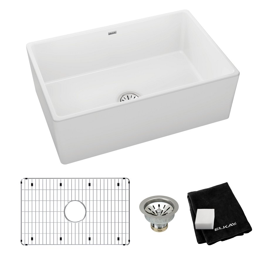 Fireclay 30" x 19-15/16" x 9-1/8" Single Bowl Farmhouse Sink Kit White