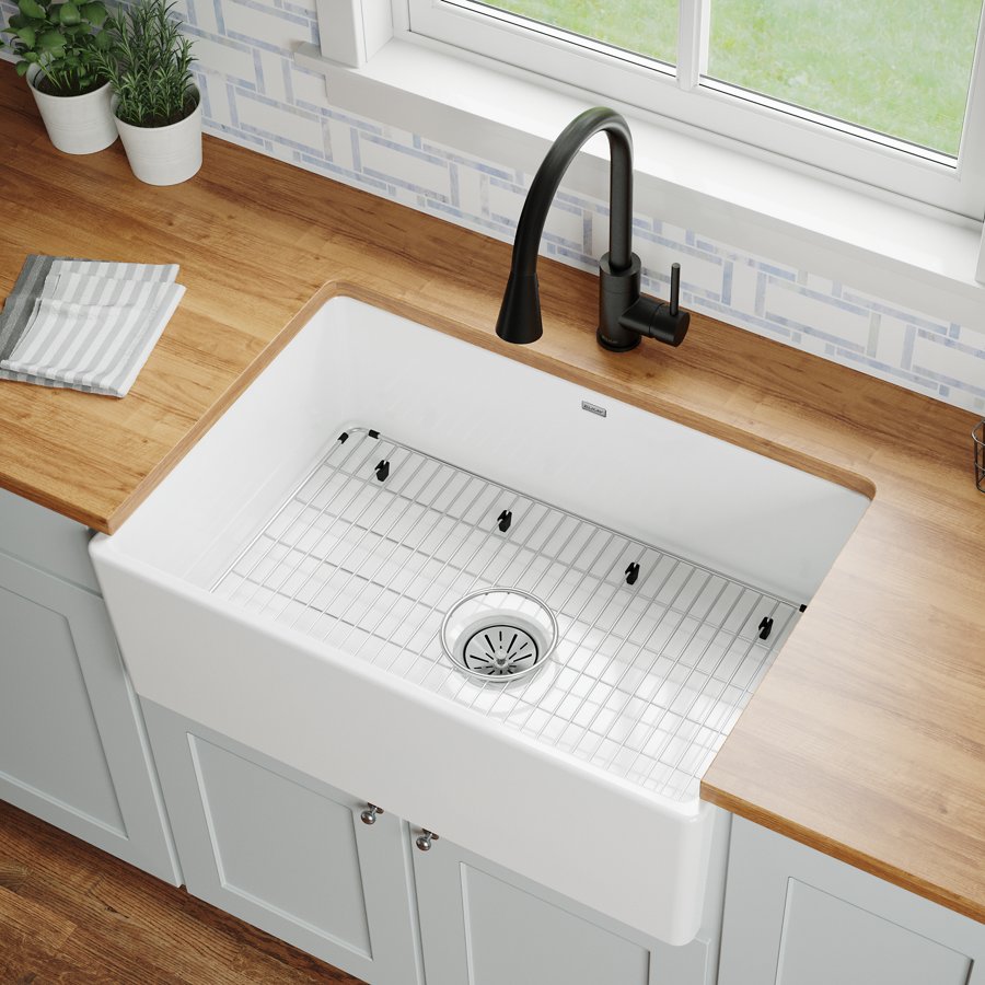Fireclay 30" x 19-15/16" x 9-1/8" Single Bowl Farmhouse Sink Kit White