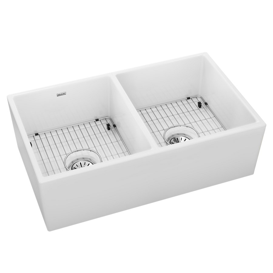 Fireclay 33" x 19-15/16" x 9" Equal Double Bowl Farmhouse Sink Kit