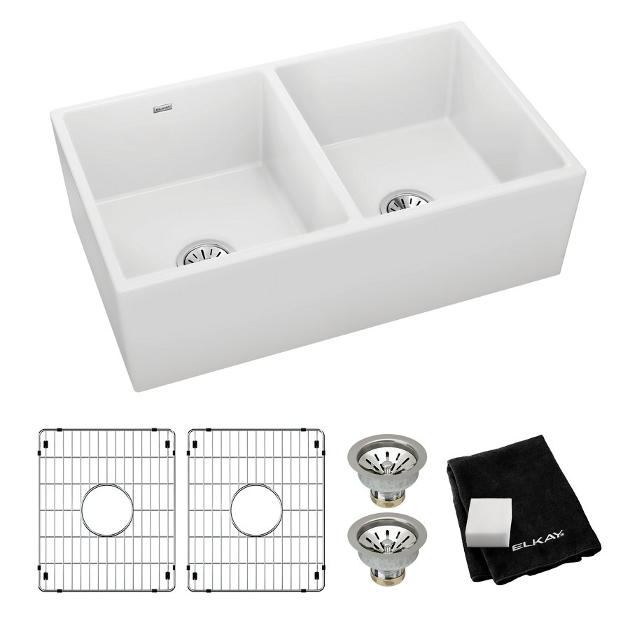 Fireclay 33" x 19-15/16" x 9" Equal Double Bowl Farmhouse Sink Kit