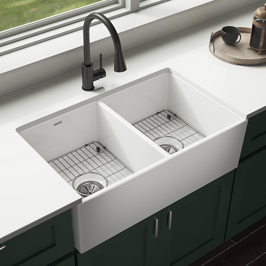 Fireclay 33" x 19-15/16" x 9" Equal Double Bowl Farmhouse Sink Kit