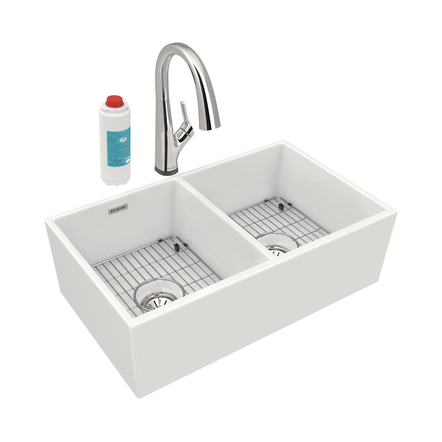 Fireclay 33" x 19-15/16" x 9" Equal Double Bowl Farmhouse Sink Kit with Filtered Faucet White