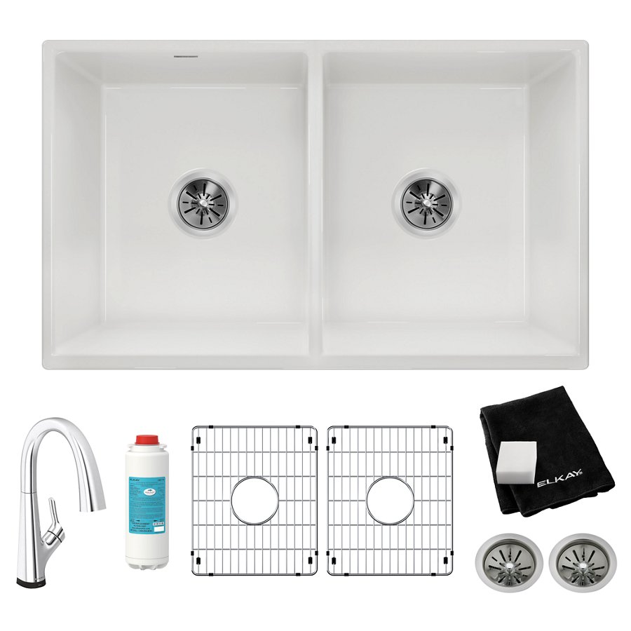 Fireclay 33" x 19-15/16" x 9" Equal Double Bowl Farmhouse Sink Kit with Filtered Faucet White