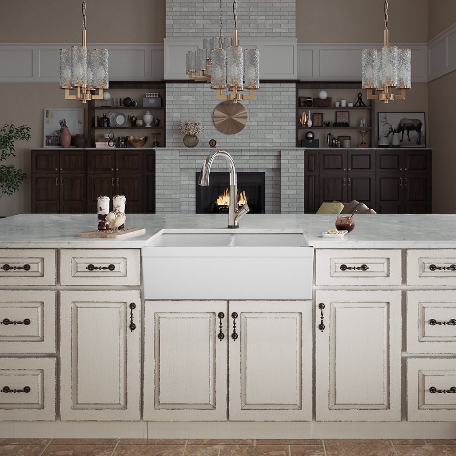 Fireclay 33" x 19-15/16" x 9" Equal Double Bowl Farmhouse Sink Kit with Filtered Faucet White