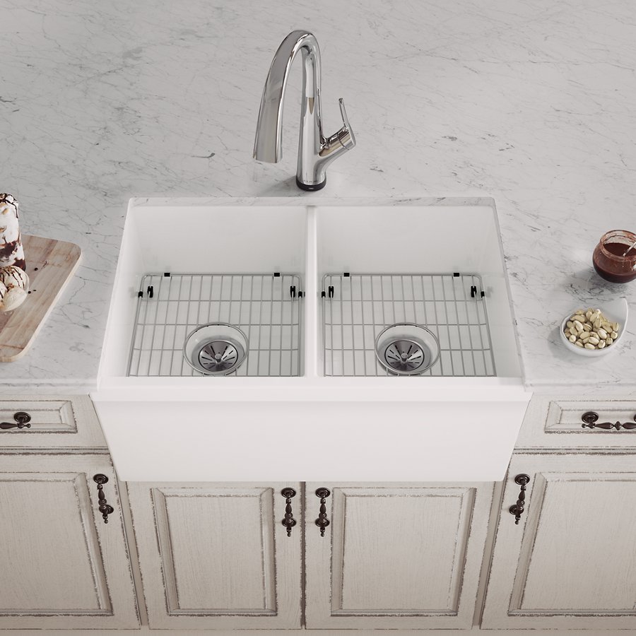 Fireclay 33" x 19-15/16" x 9" Equal Double Bowl Farmhouse Sink Kit with Filtered Faucet White