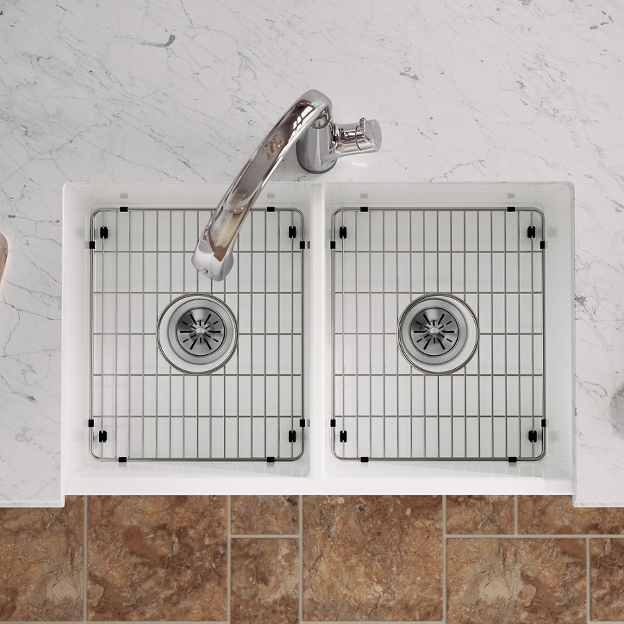 Fireclay 33" x 19-15/16" x 9" Equal Double Bowl Farmhouse Sink Kit with Filtered Faucet White
