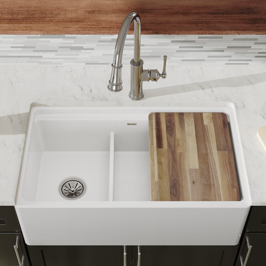 Fireclay 33" x 19-15/16" x 9-3/16" 60/40 Double Bowl Farmhouse Workstation Sink with Aqua Divide