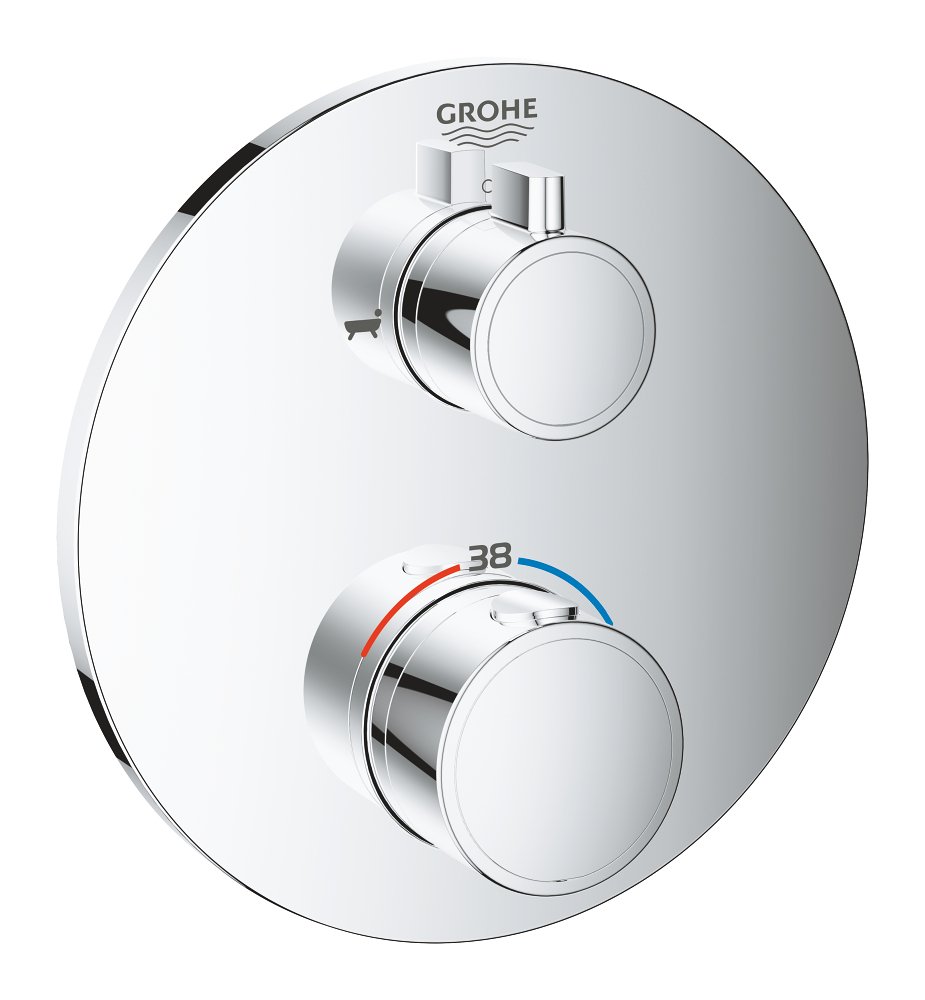 Thermostatic bath tub mixer for 2 outlets with integrated shut off/diverter valve