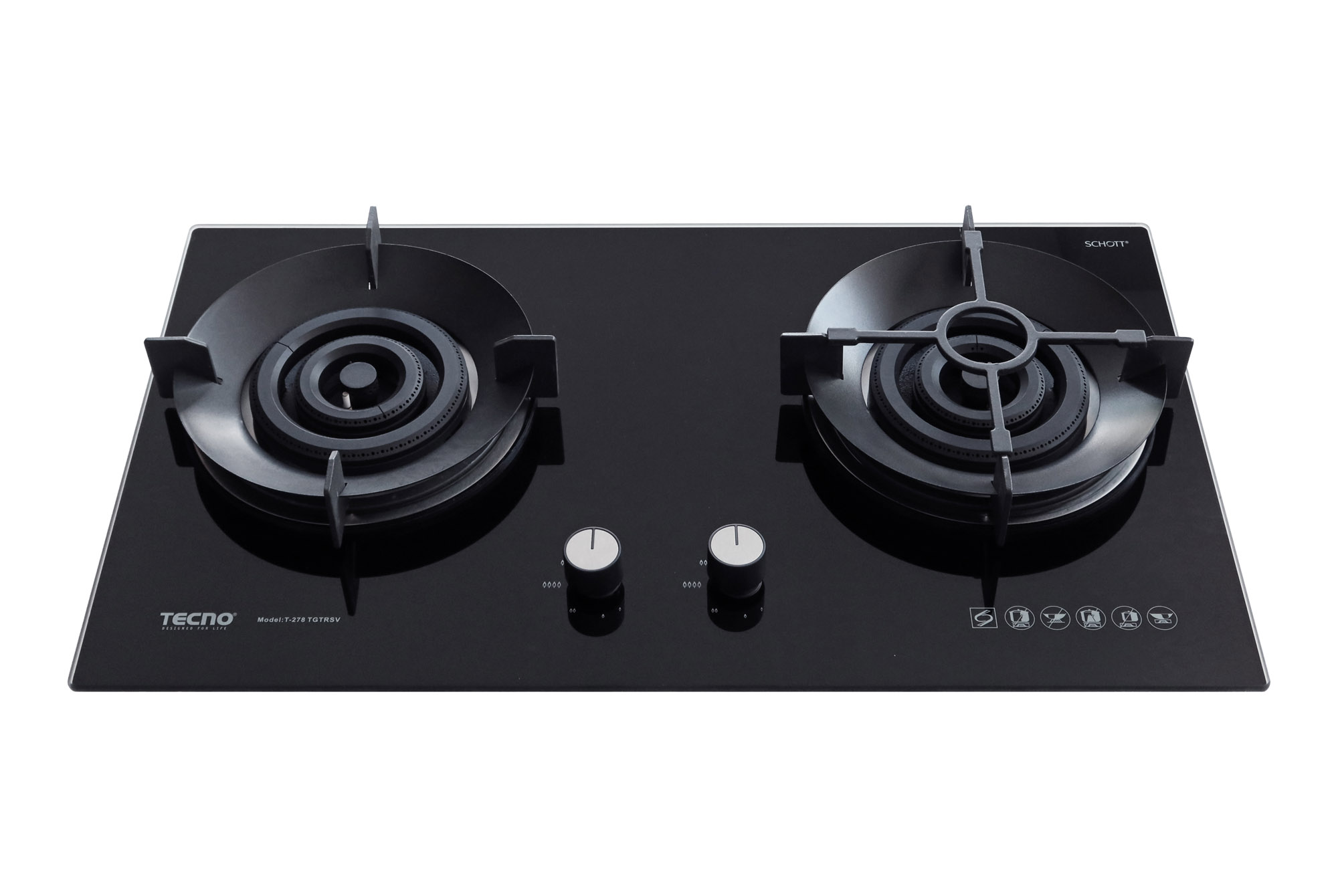 Tecno 2-Burner 78cm Glass Cooker Hob with True Triple Ring Burners